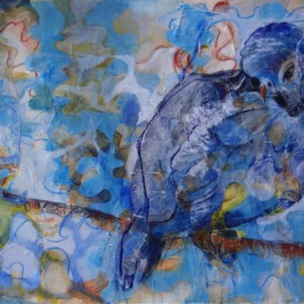 2021, 80x120cm, Acryl, Pastell/Seide, Leinwand Im Urwald