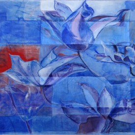 2020, 47x66, Acryl, Pastell/Seide, Papier Traeumen Pflanzen auch? Blaue Clematis
