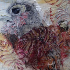 2020, 70x100, Acryl, Pastell, Seide, Leinwand Auge im Urwald