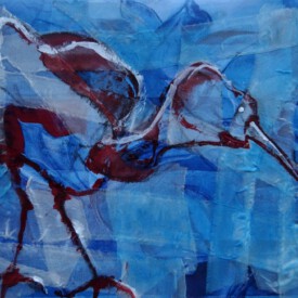 2023, Foto vom Original überarbeitet im Kartenformat,14,7x21, Acryl, Pastell, Seide, Foto Karte 005 "Vogel"