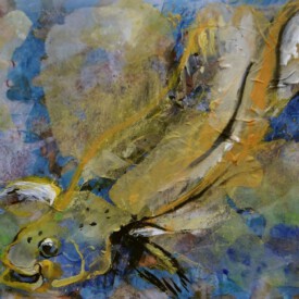 2023, Foto vom Original überarbeitet im Kartenformat,14,7x21, Acryl, Pastell, Seide, Foto Karte 009 "Fisch"