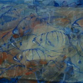 2023, Foto vom Original überarbeitet im Kartenformat,14,7x21, Acryl, Pastell, Seide, Foto Karte 011 "Fischschwarm"