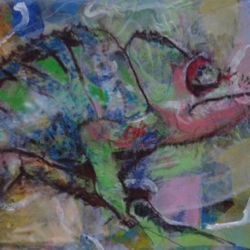 2023, Foto vom Original überarbeitet im Kartenformat,14,7x21, Acryl, Pastell, Seide, Foto Karte 012 "Reptil"