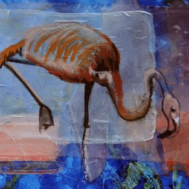 2023, Foto vom Original überarbeitet im Kartenformat,14,7x21, Acryl, Pastell, Seide, Foto Karte 023 "Flamingo"