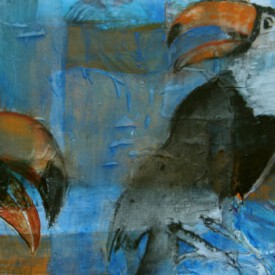 2023, Foto vom Original überarbeitet im Kartenformat,14,7x21, Acryl, Pastell, Seide, Foto Karte 027 "Tukan"