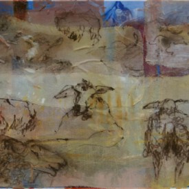 2023, Foto vom Original überarbeitet im Kartenformat,14,7x21, Acryl, Pastell, Seide, Foto Karte 028 "Schafe"