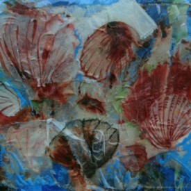 2023, Foto vom Original überarbeitet im Kartenformat,14,7x21, Acryl, Pastell, Seide, Foto Karte 034 "Muscheln"