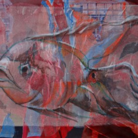 2023, Foto vom Original überarbeitet im Kartenformat,14,7x21, Acryl, Pastell, Seide, Foto Karte 013 "Fisch"