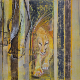 2025, 80x100, Acryl, Pastell, Seide, Leinwand Es hallt der Ruf des Löwen