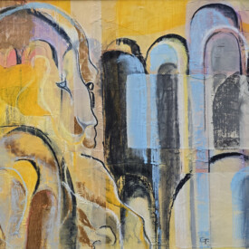 2025, 47x66, Acryl, Pastell, Seide, Papier Löwe zwischen den Gewölben