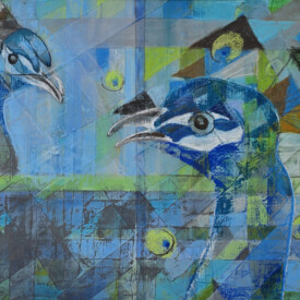 2025, 47x66, Acryl, Pastell, Seide, Papier Zwei Pfaue im Gespräch